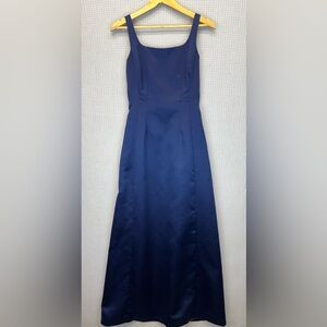 Vtg Nicole Miller Square Neck Navy Blue Satin Sleeveless Gown Dress 2 Cocktail